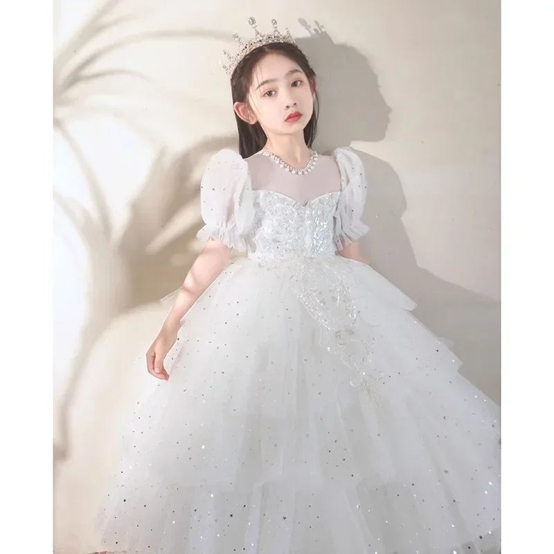 2024 New Pink Super Immortal Pengpeng Sha Princess Flower Girl Piano Performance Dress Little Girl Model Walk Show Dress