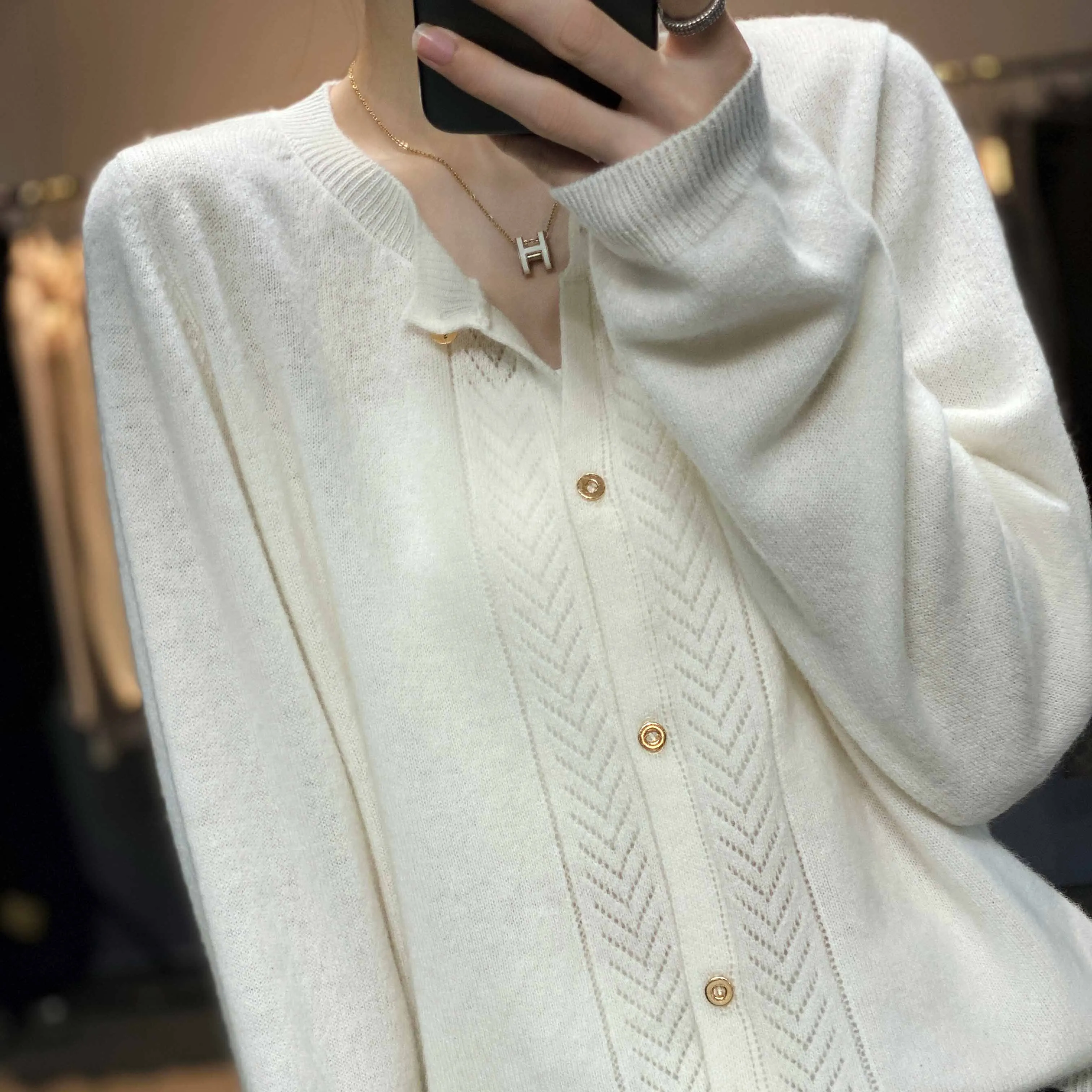 Fashionable style hook flower hollow out round neck cashmere knit cardigan woman autumn winter loose show thin short wool coat