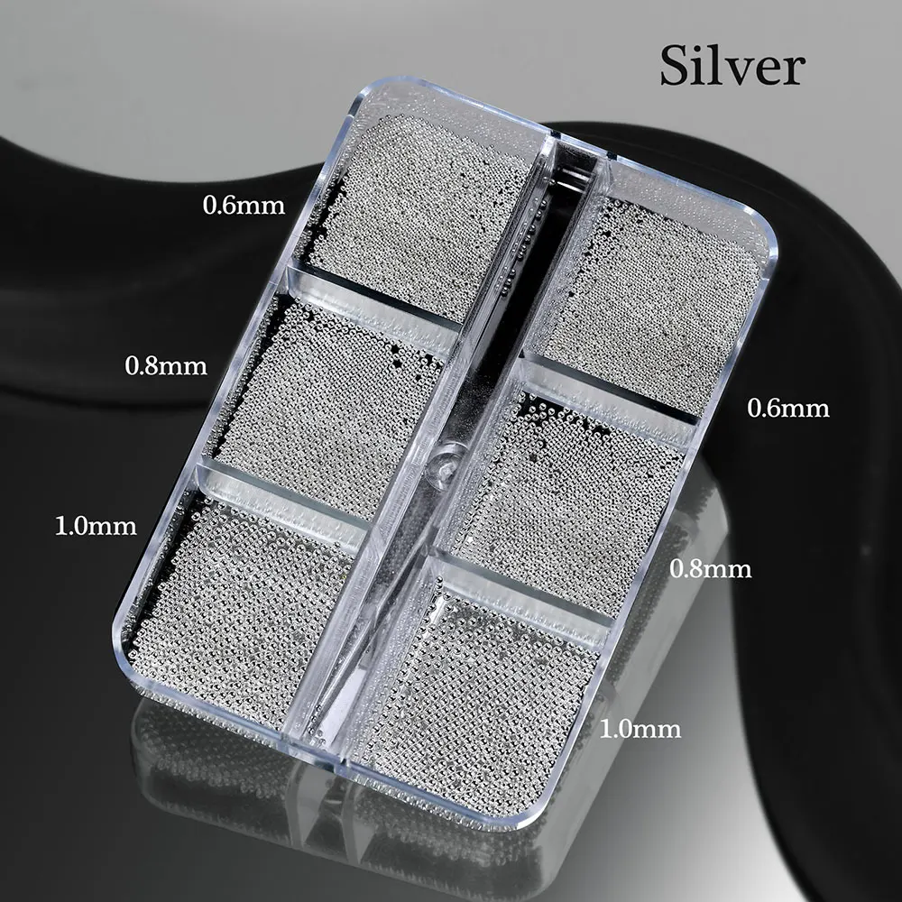6 Gitter 0,6/0,8/1mm Legierung Mini-Nagelkugeln Nagelkunst-Charms Süße Silber-Gold-Kaviarperlen Nagelrhinestones Acryl-Nageldekor