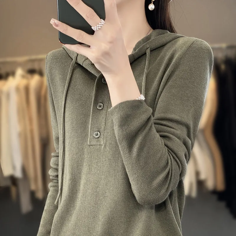 Button Hooded Early Spring New Blouse Women's Spring and Autumn Vintage Top Versatile Design Hoodie