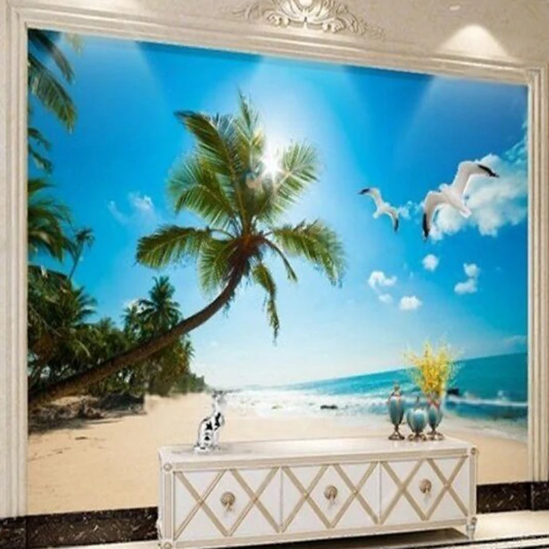Love Sea Landscape painting coconut tree Mediterranean Hawaiian TV bedroom Internet celebrity background wall paper