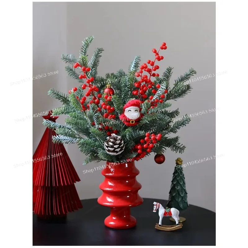 Christmas Red Boots Vase for Flower Arrangement, Simulated Pine Branches, Living Room Desktop Front Desk Xmas Ornament