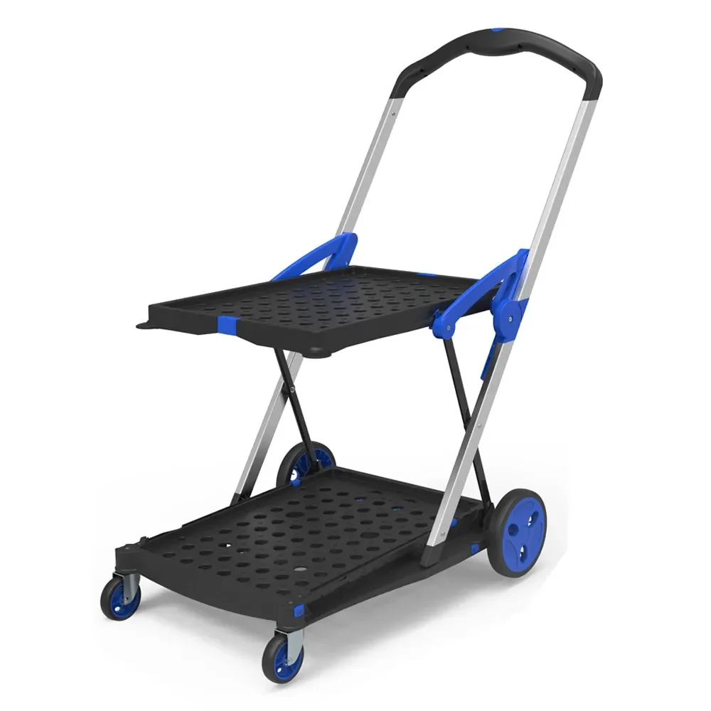 

Mobile Folding Cart Two Tier Collapsible Double Decker Design Foldable Cart Grocery Trolley Shopping Cart With One Crate