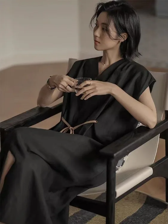 Artistico coreano V-Ne Loose Fit Cotton Lin da donna Dr Ele taglio dritto ingombrante in vita Maxi Dr Summer Faion