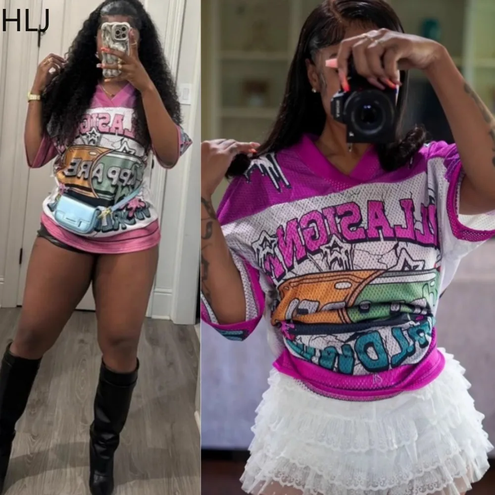 

HLJ Fashion Letter Print Basketball Tshirts Two Piece Sets Women V Neck Loose Top + Lace Ruffle Skirts Shorts Outfits Streetwear