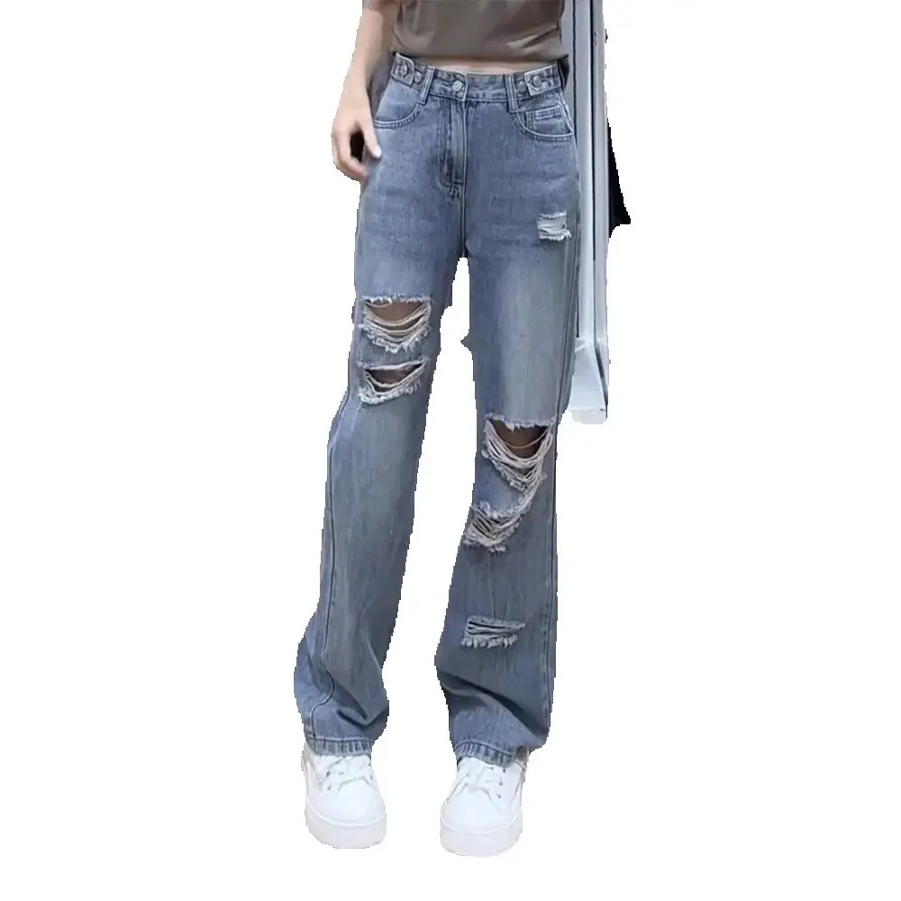 Jean coréen à trous pour femmes, pantalon Long en Denim, ample, taille haute, droit, grande taille, Cowboy, jambes larges, nouvelle collection printemps été
