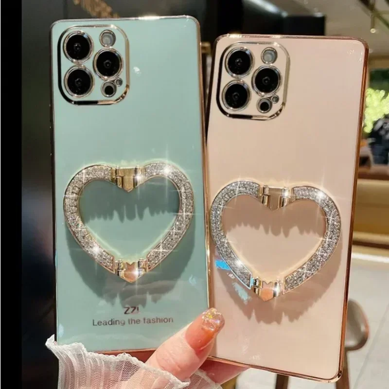 3D Crystal Heart Holder for iPhone, Gold Plated Phone Case, Jewelry Design 16, 15, 14, 13, 12, 16Pro Max, MiNi and More