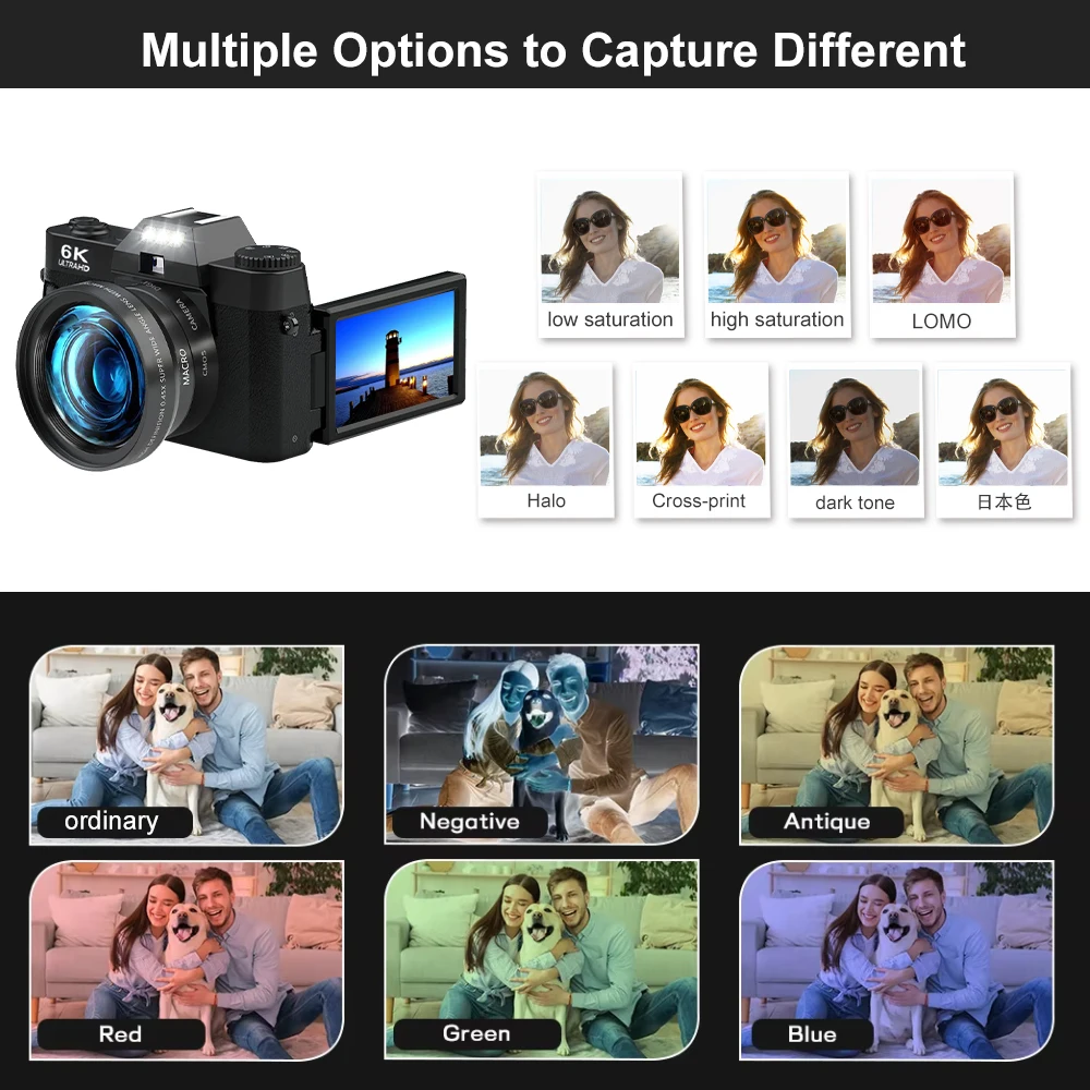 Ourlife 6K Compact Digital Photography Camera 64MP 16X Digital Zoom Camcorder 3'' 180° Flip Screen WiFi Vintage Vlog Video
