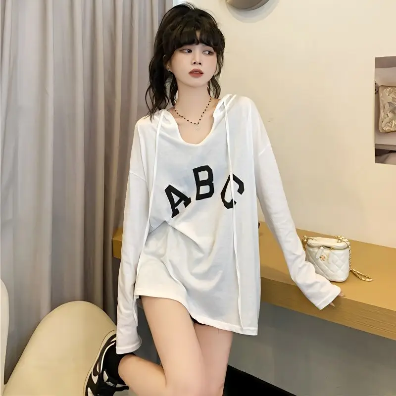 

Hooded Thin Long Sleeve Tops Tees Summer New Printing Letter Solid Color Loose Trend Casual T Shirts Fashion Sweet Women Clothes