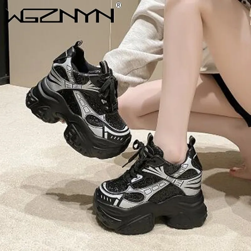 Designer Thick Bottom Bling Leather Chunky Sneakers Breathable Sport Ankle Boots Women 10.5CM Comfy Heels Autumn Vulcanize Shoes