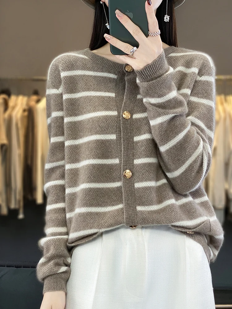 

Autumn Winter Women Striped Cardigan 100% Merino Wool Sweater O-Neck Cashmere Clothing Casual Buttoned Knitted Top Korean