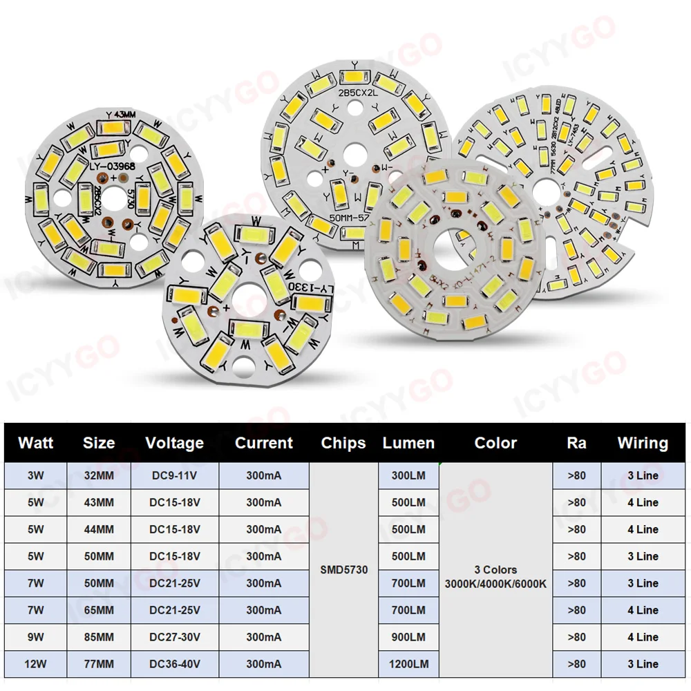 10PCS 3W 5W 7W 9W 12W SMD5730 LED Lamp Beads Three-Color Light Board LED Bulb PCB Light Source Board Accessories 50MM 77MM  85MM