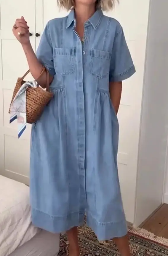 

Summer Solid Color Lapel Button Front Slim Denim Dress for Women's Casual Trend, Large Pocket Loose Short Sleeved Denim Dress