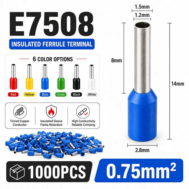 1000PCS Insulated Wire End Ferrules E0508 E7508 E1008 E1508 E2508 E4009 E6012 Bootlace Tubular Crimp Terminals for Stranded Wire