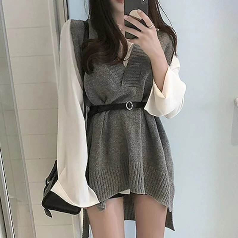 V-hals Mouwloos Los Gebreide Riem Trui Vest Vrouwen Veelzijdige Bovenkleding Herfst Winter Tops Nieuwe CasualSolid Knitwear Tank Top