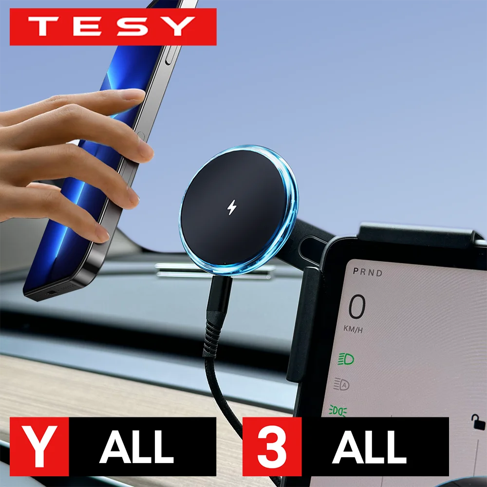 TESY Blue Light Magnetic Wireless Charger Phone Holder Screen Mount Compatible with MagSafe For Tesla Model Y 3 S X Juniper
