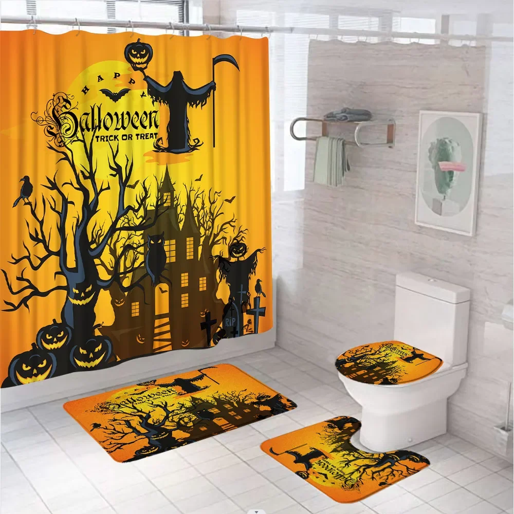 Halloween Shower Curtain Set with Non-Slip Rug Toilet Lid Cover Bath Mat Scary Pumpkin Scarecrow Crow Owl Castle Bathroom Decor