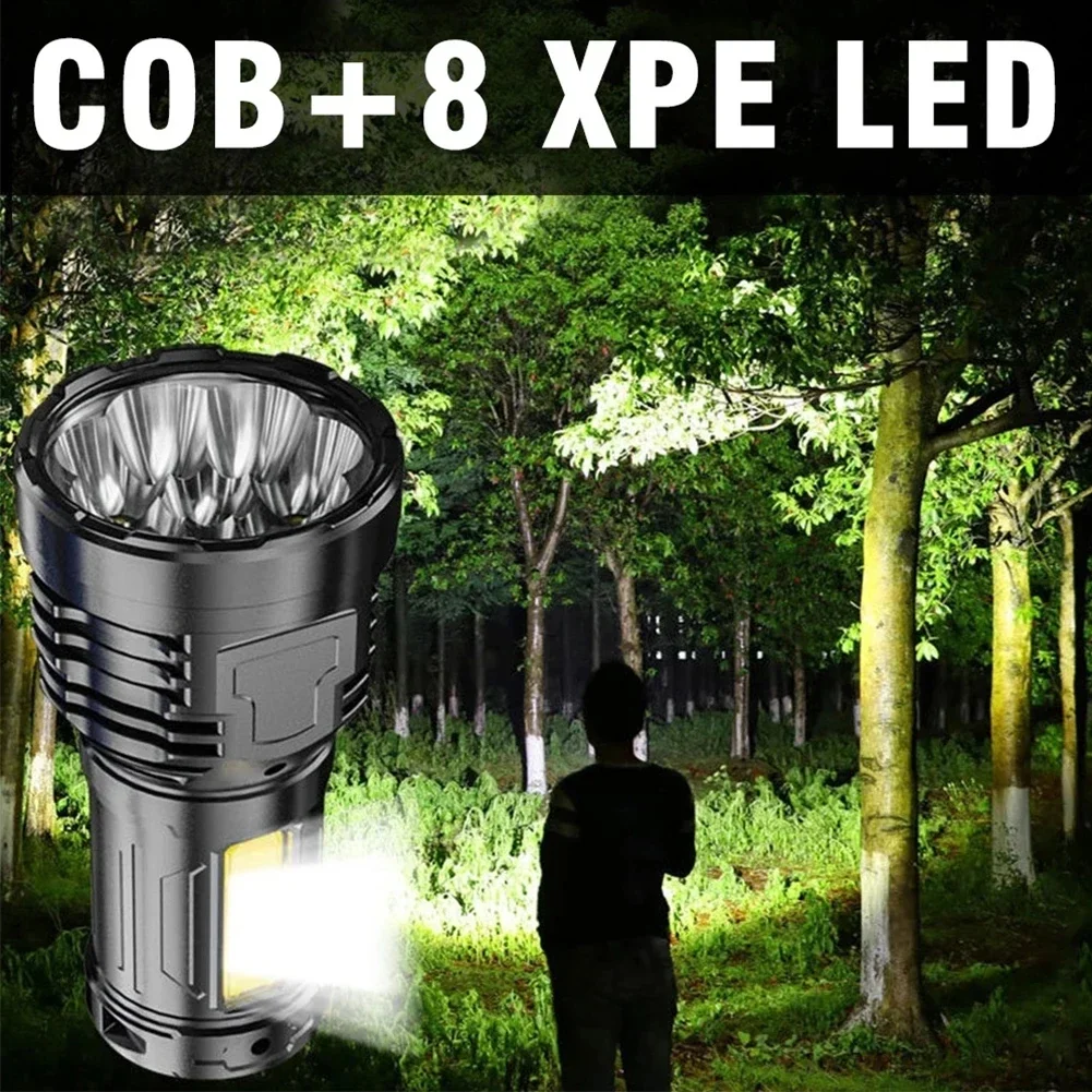 LED Powerful Flashlight With 8 Lamp Beads Super Tactical Light With COB Side Lamp Camping Lantern USB Rechargeable Outdoor Torch