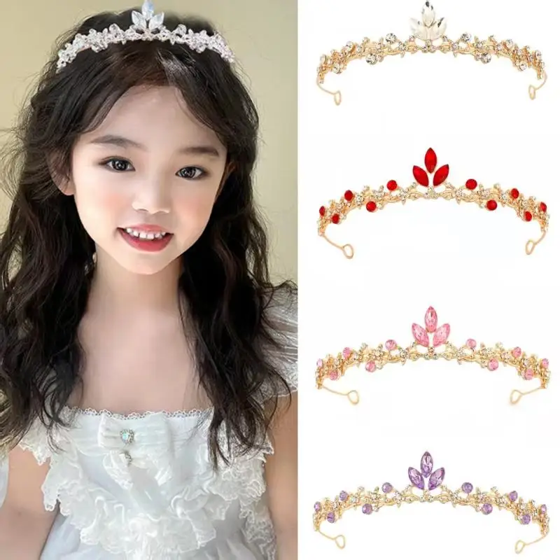 Shiny Rhinestone Leaf Crown Princess Style Girls Birthday Hair Headpiece for Pageant Cosplay Daily Wear