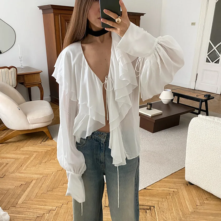 

White Sheer Ruffled Blouse V-Neck Tiered Frill Design, Long Puff Sleeves Chiffon Feminine Women’s Casual Formal Daily Party Top