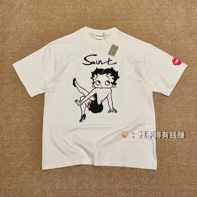 Authentic SAINT Women's Cartoon Tee Off-White Crew Neck No Side Seams Fabric Washed Vintage Summer