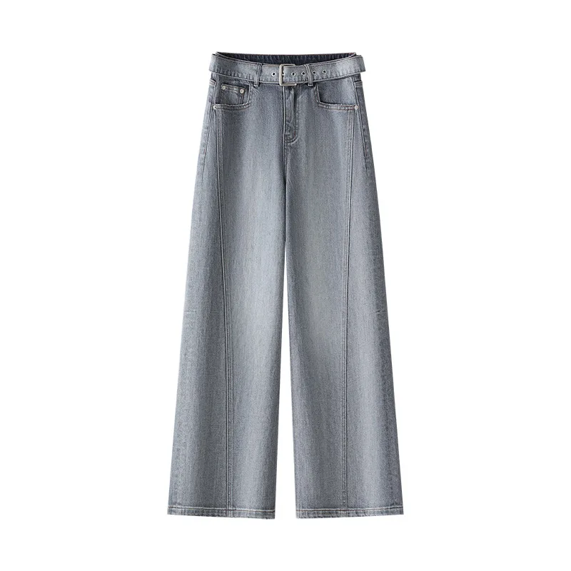 جينز رمادي فاتح للنساء، سروال مستقيم عالي الخصر للربيع والخريف متعدد الاستخدامات وفضفاض وبسيط