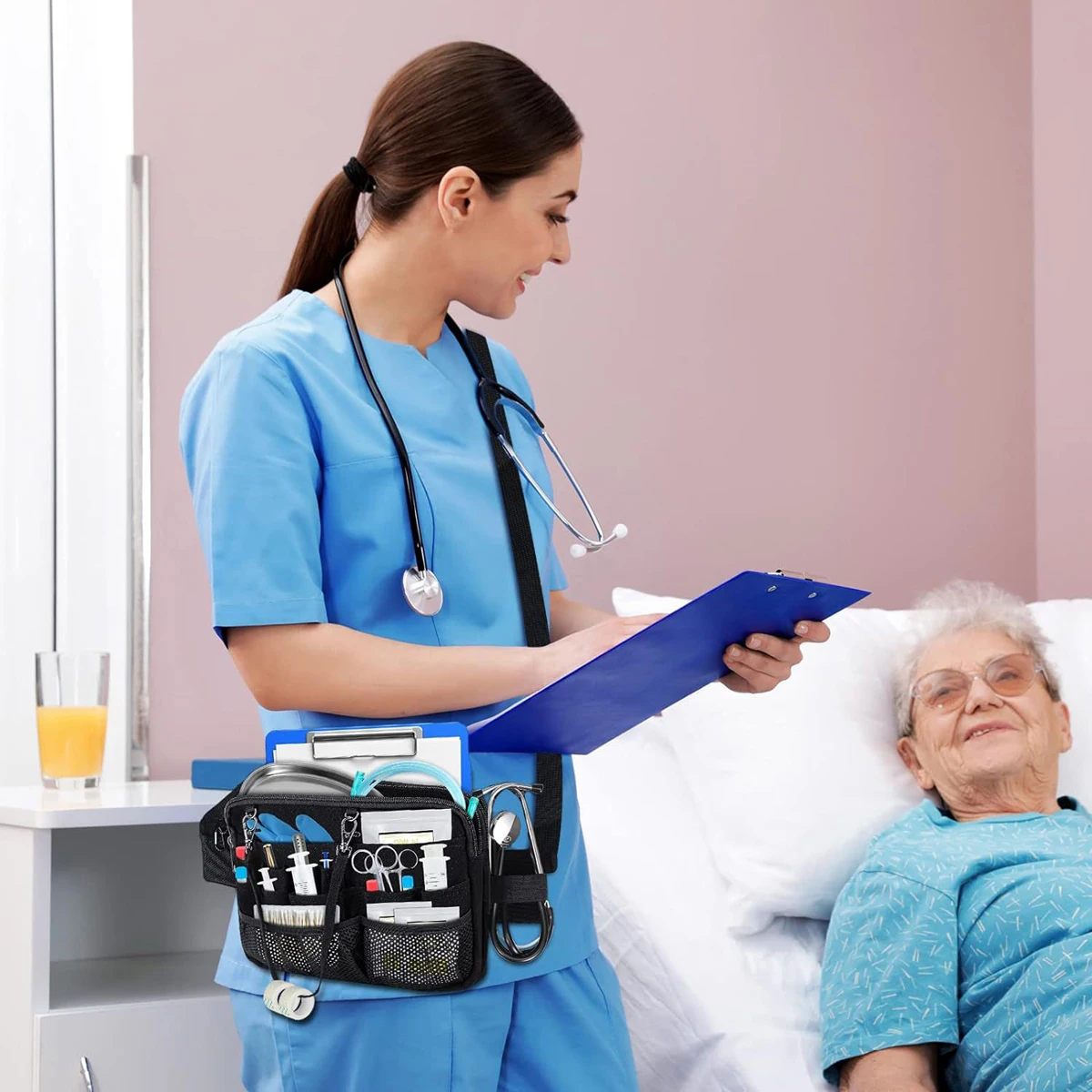 منظم ممرضة المعدات الطبية متعدد الأقسام، حقيبة حزام ممرضة متعددة الوظائف مع حامل شريط، مادة أكسفورد