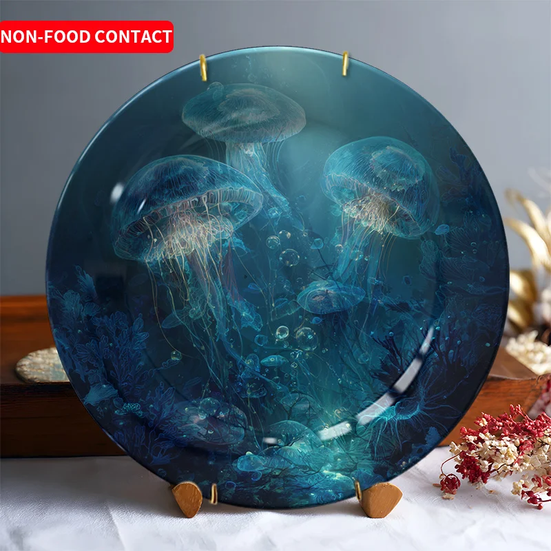 

1 шт., керамическая декоративная тарелка с медузами, тема океана, домашний декор, минималистичный настольный дисплей, без еды, подходит для ювелирных изделий