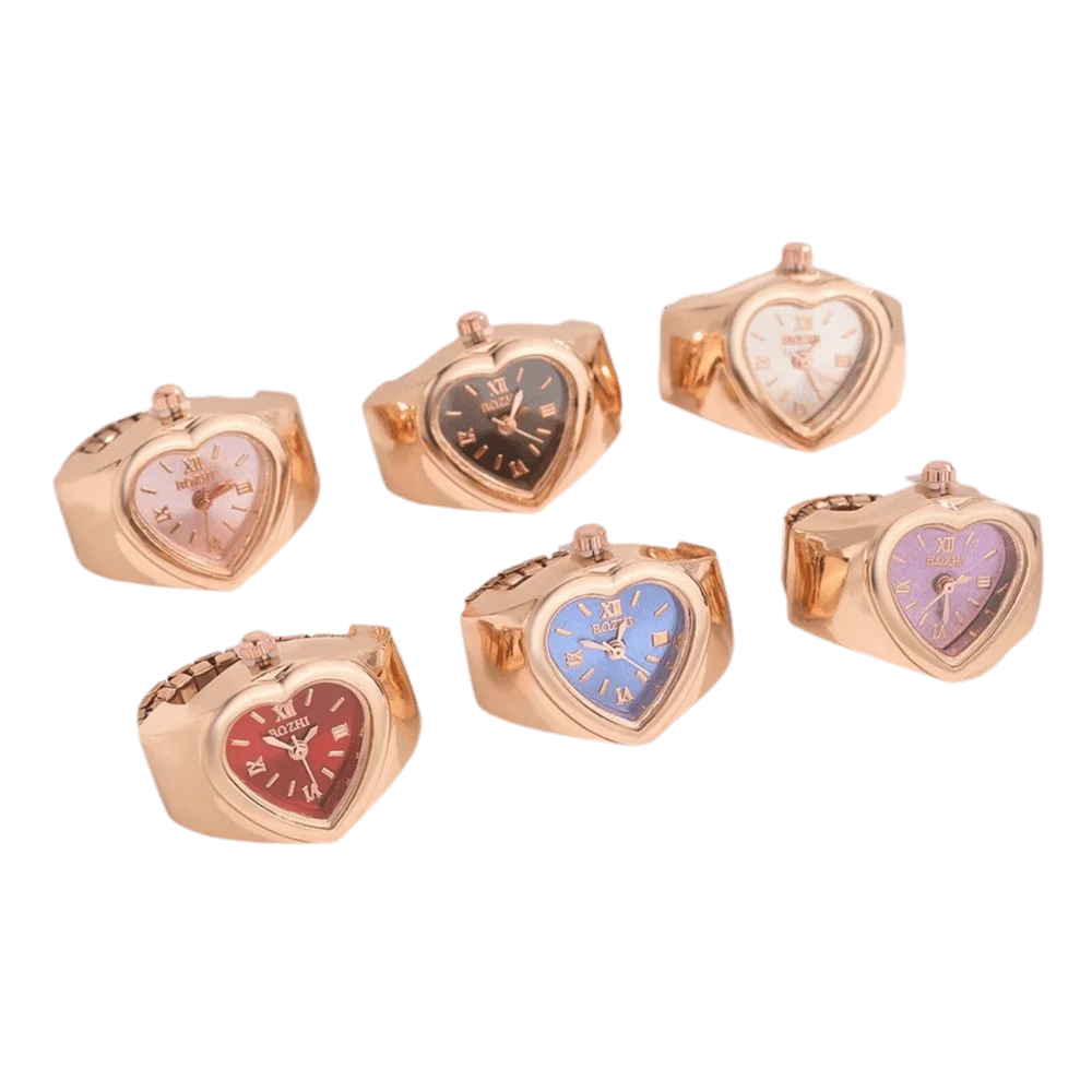 Creative Alloy Ring Watch Elastic Strap Stainless steel Heart Shape Rings Watch Quartz Movement Heart Shape Mini Clock Women