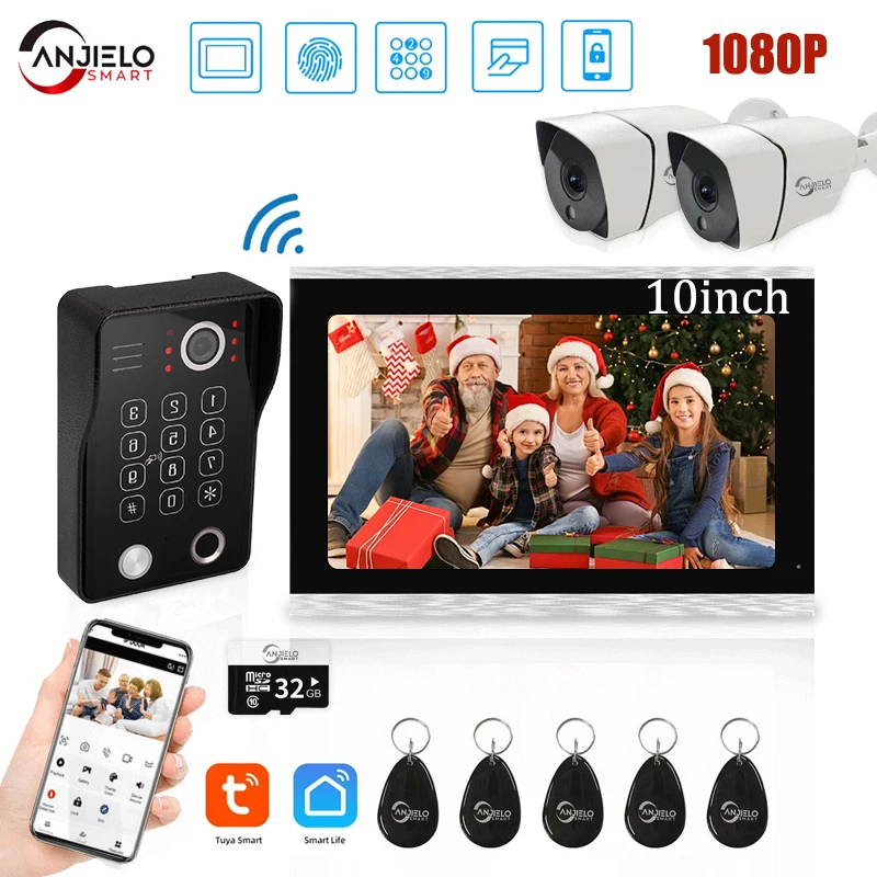 اتصال داخلي عبر الفيديو لجرس الباب المنزلي، فتح بصمة الإصبع 5 في 1، نظام جرس الباب واي فاي، شاشة Tuya Smart 1080P تعمل باللمس، أمان