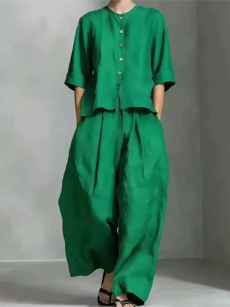 Solid Color Buckle Casual Simple Unique Pants Suit 2026 New Summer Loose Fashionable Comfortable Versatile Women's Pants Suit