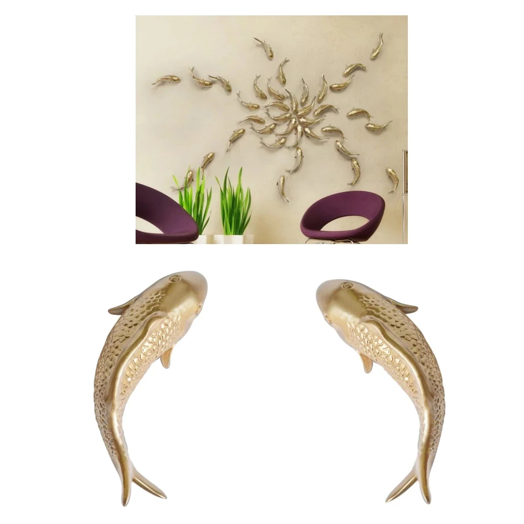 2Pcs Resin Carp Golden Fish Wall Hanging Ornament Personality Fish Figurine for Home Restaurant Background Wall Decor