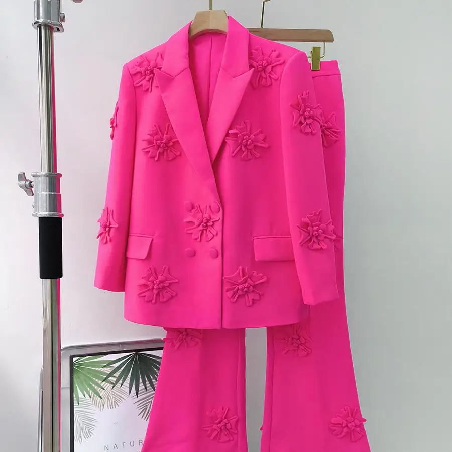 

Faionable OL Commuter Sle Loose Korean Version Floral Suit Jaet And Pants Set High Waist Flared Pants Autumn Collection