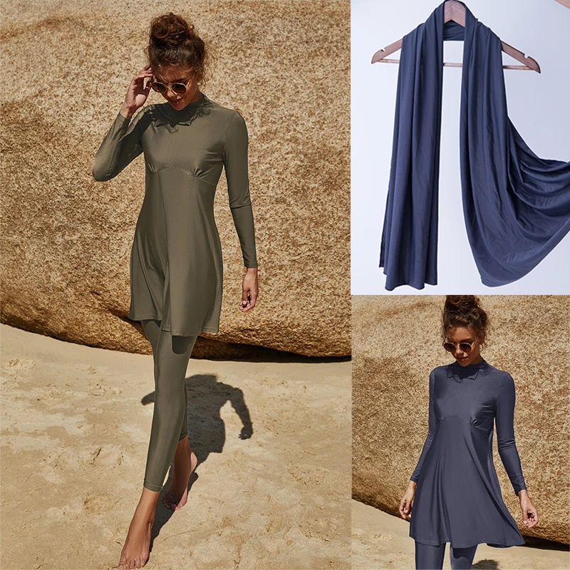Kobiety Burkini kąpielówki muzułmańskie z szalikiem hidżab strój kąpielowy dwuczęściowy zestaw islamski Islam skromny konserwatywny Femme Islamico