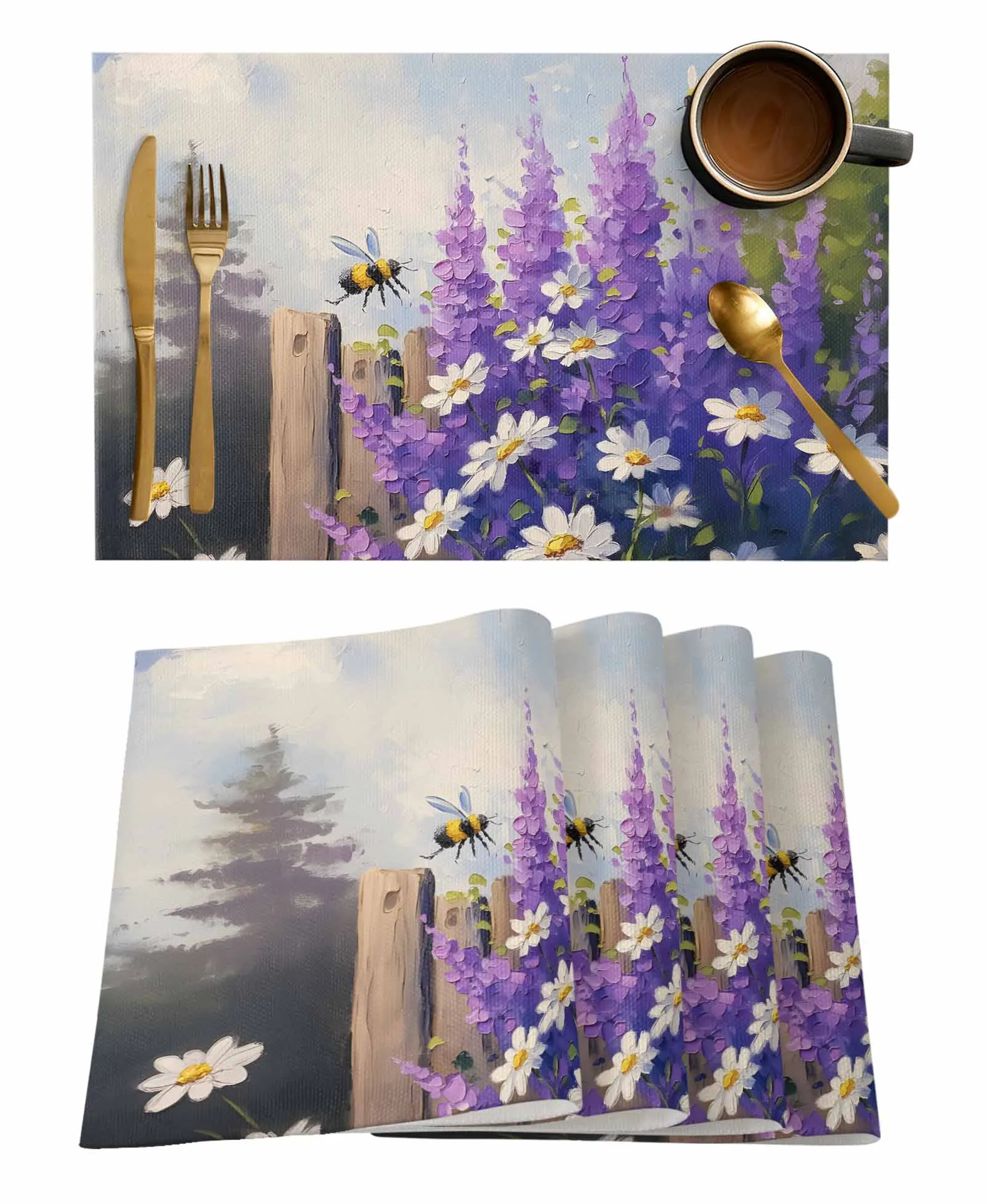 Oil Painting Purple Lavender Daisy Bee Table Mat Wedding Holiday Party Dining Table Placemat Kitchen Accessories Table Napkin