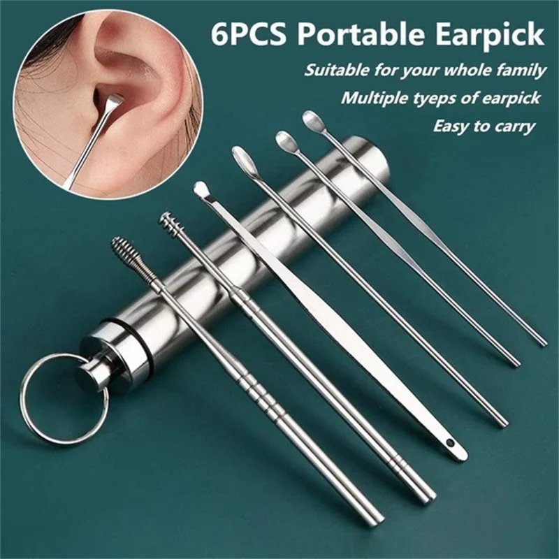 6pcs/set Stainless Steel Ear Picking Tool Set Ear Cleaner Ear  Ear Cleaning Spoon Ear Protector Health Care dirt Remover