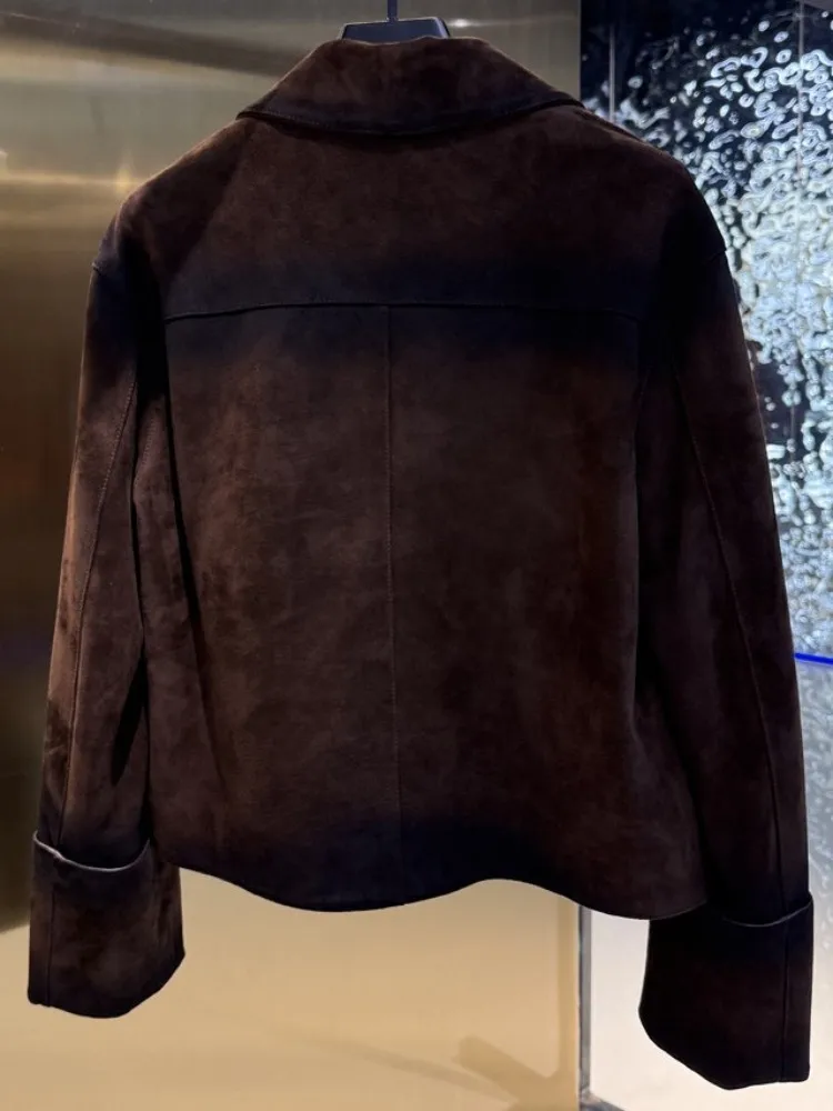 Retro Ladies Single-Breasted Straight Genuine Leather Jackets Solid Color Turn Down Collar Long Sleeves Sheepskin Outwear