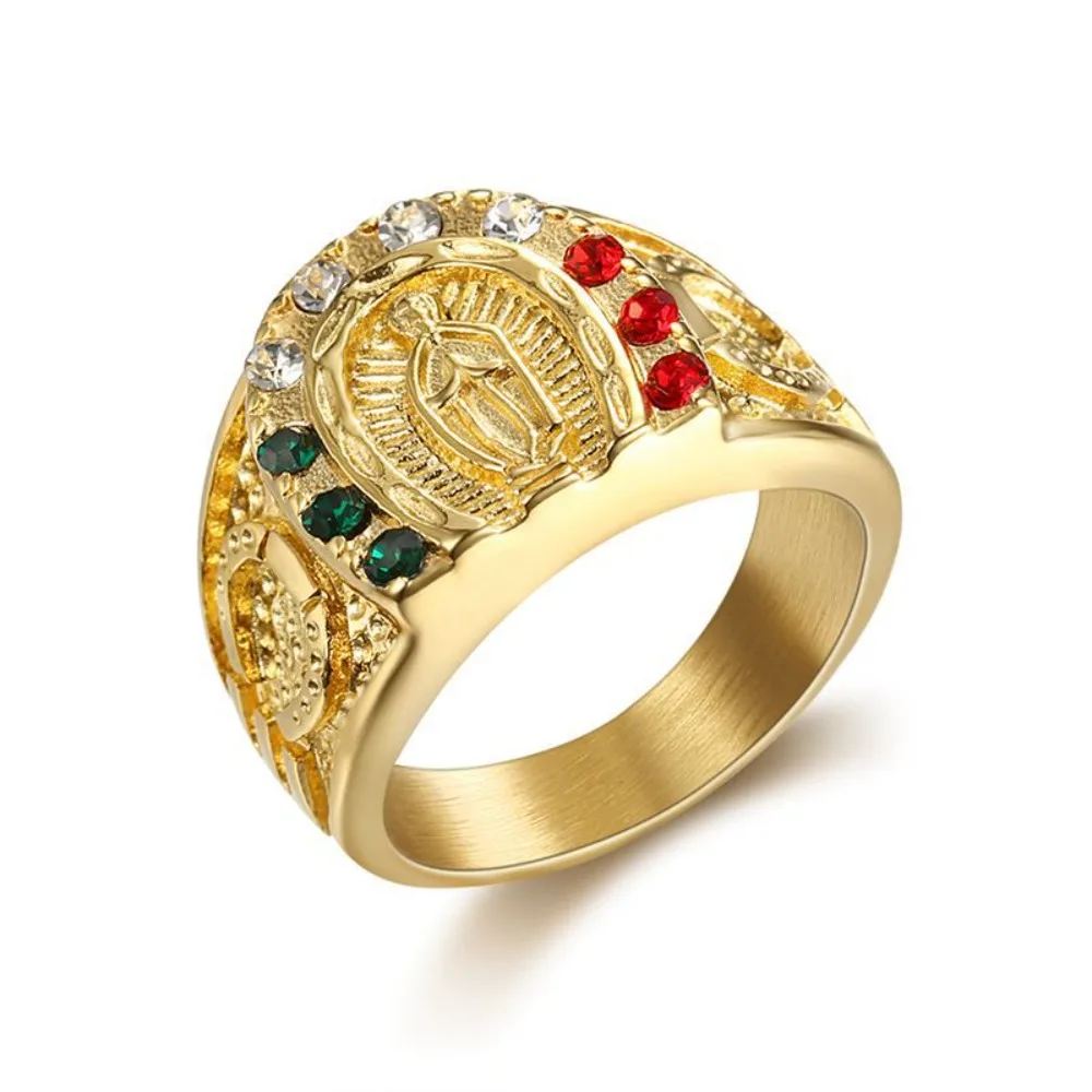 

KITYKISS Titanium Steel Gold-Plated Virgin Mary Ring, Set with Colored Diamonds, Hip Hop/Western Style Ring