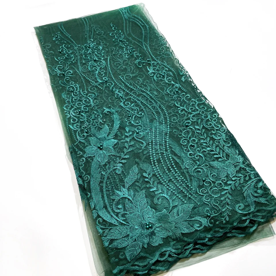 Green African Lace Fabric 2023 High Quality Lace Beaded French Nigerian Lace Fabric 5 Yards for Women Dresses Sew