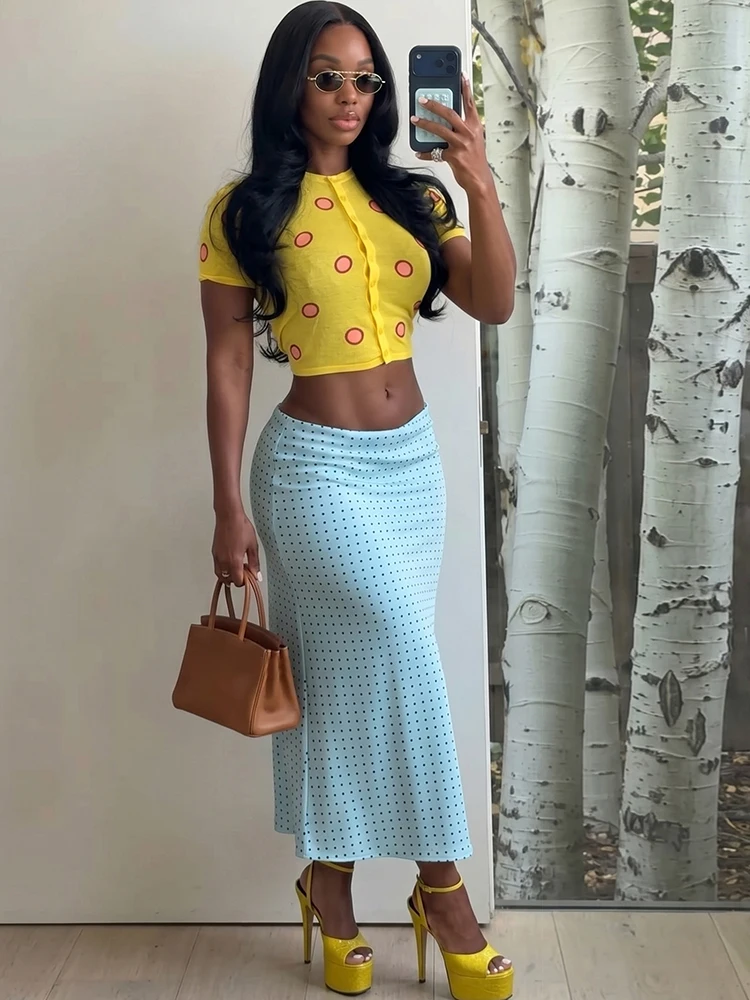 

Kliou Dots Patchwork 2 Piece Set Woman Summer Trend Single-Breasted o-Neck Short Sleeve Crop Tops+Long Skirts Elegant Outfits