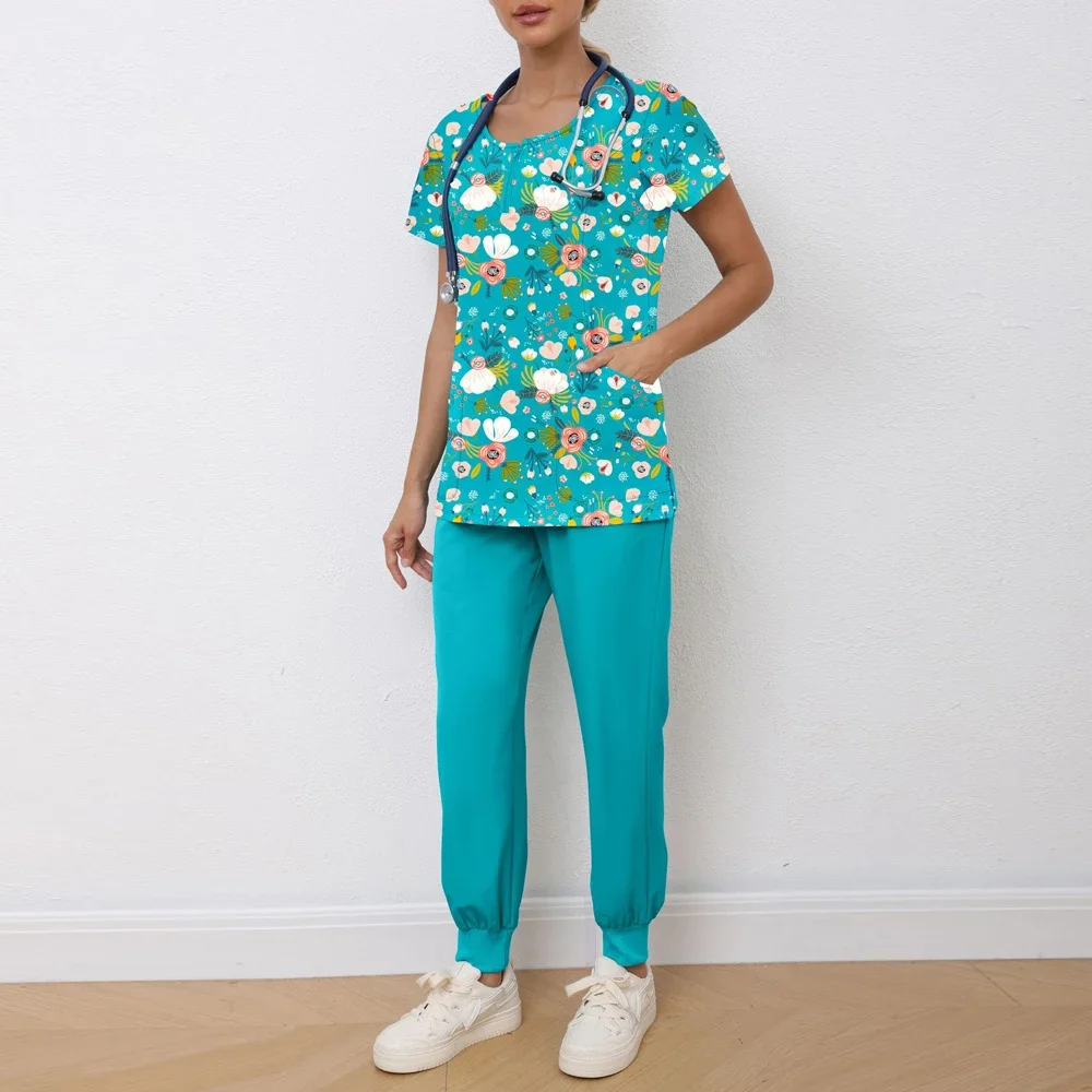 جراحة طبيب الأسنان عن طريق الفم المرأة سبليت غسل اليد مجموعة تمتد التجفيف السريع المطبوعة فستان ممرضة الإكسسوارات الطبية فرك النساء