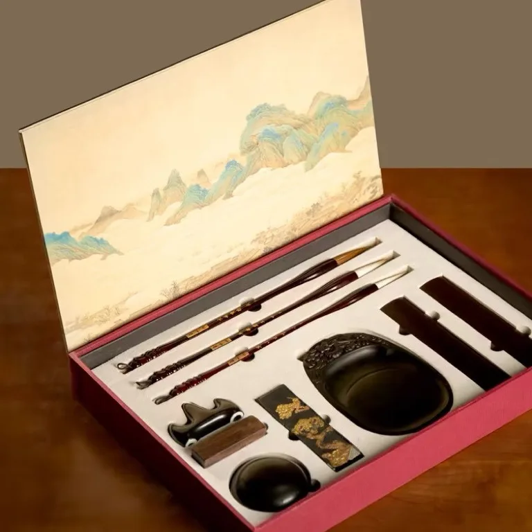 Four Treasures of Study Calligraphy Gift Set with Brushes Inkstone Ink Stick Paper and Weight, Wooden Gift Box Chinese
