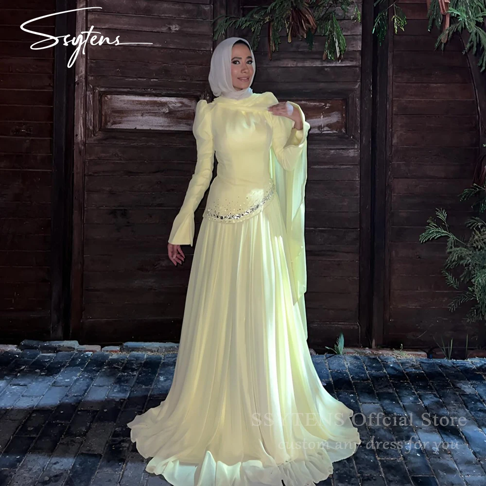 

SSYTENS мусульманские желтые вечерние платья с длинными рукавами, скромные платья для выпускного вечера, шифоновые хрустальные бусины, платья для торжественных случаев по индивидуальному заказу