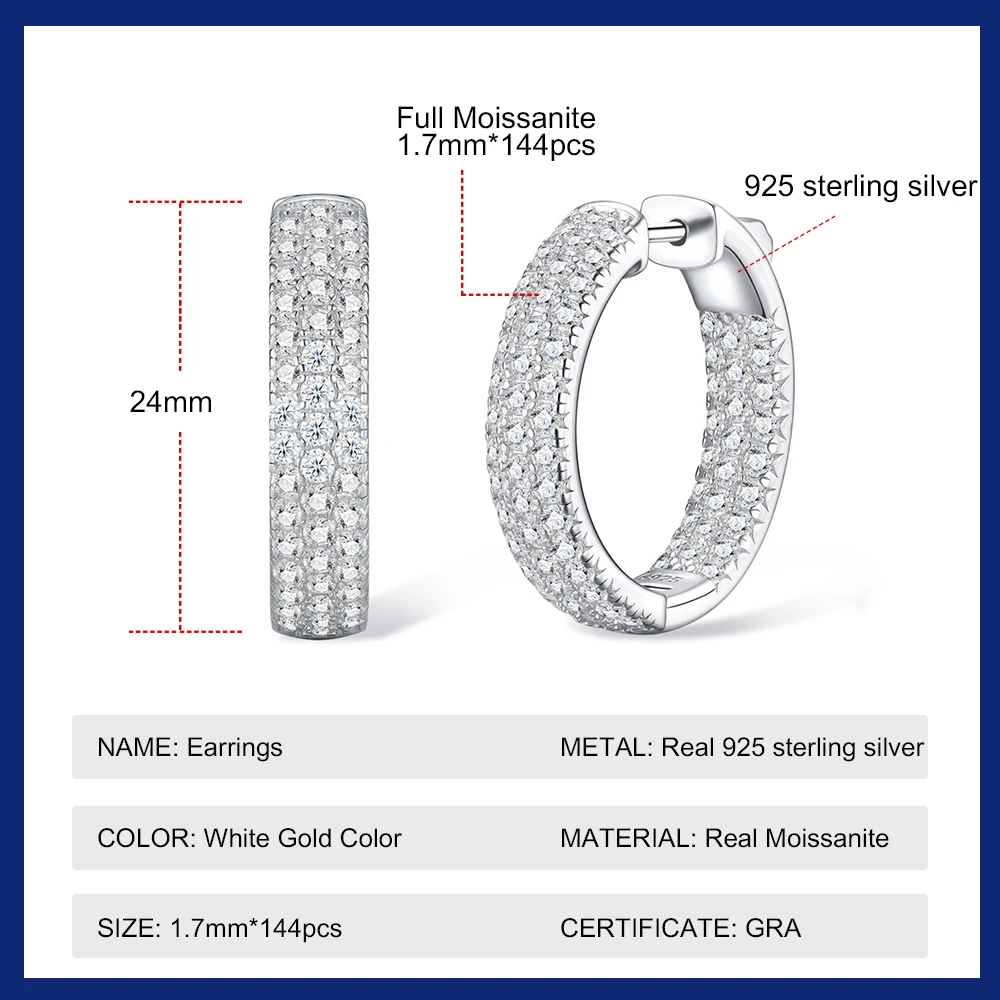 Real S925 Silver Moissanite Hoop Earrings 1.7mm All Moissanite Diamond Huggie Earrings for Women Sparking Wedding Fine Jewelry