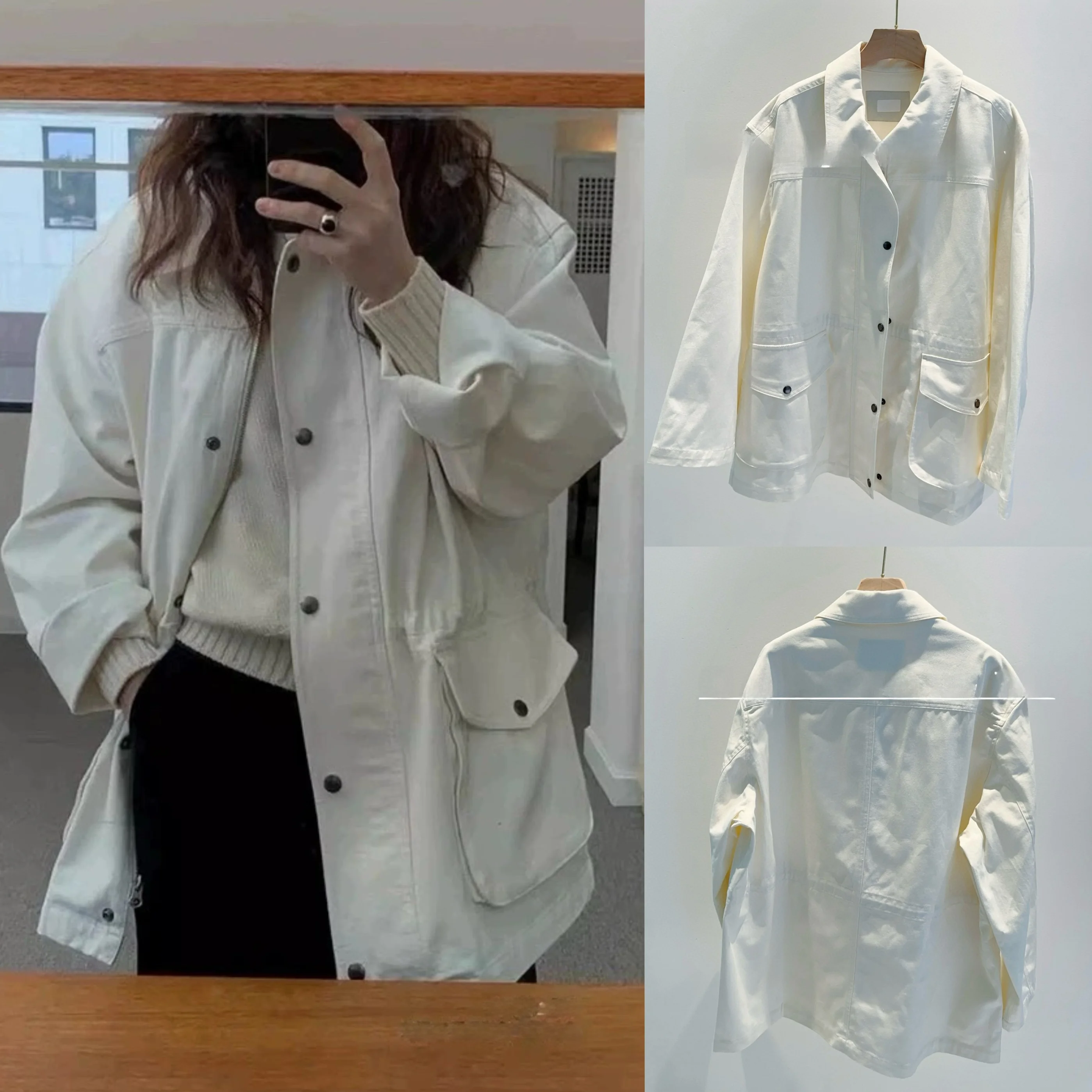 

Casual Vintage Workwear Sle Jaet Coat Stand Collar Long Sve Mid-Length Zipper Cotton 00% Autumn Faion Women's Coat