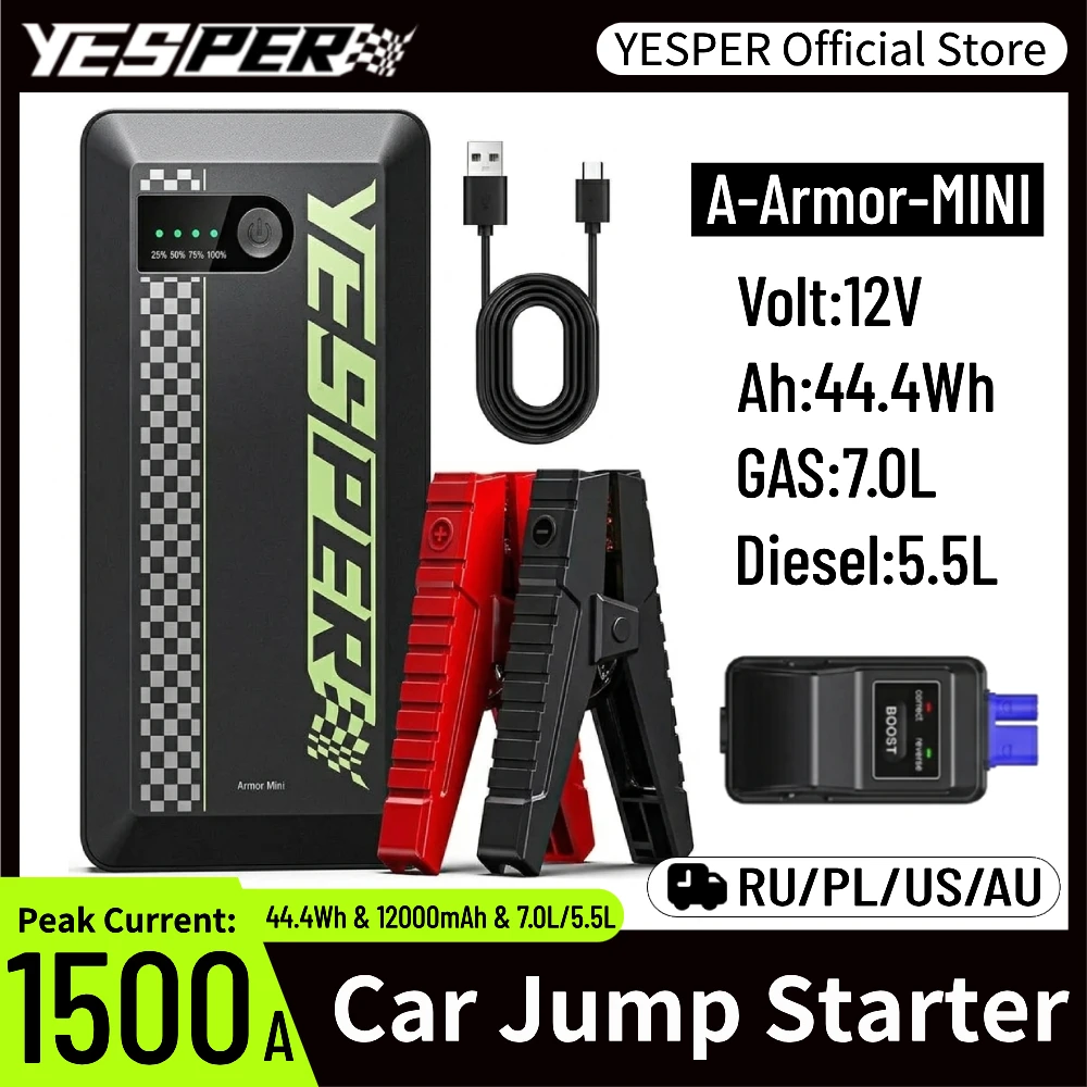 YESPER 1500A Avviatore di Emergenza ARMOR Mini 12V Booster di Batteria per Auto 12000mAh Power Bank per Auto Moto SUV Camion 7/5.5L