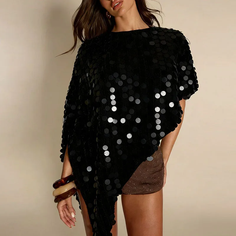 

Elegant Shiny Sequin Solid Color Pullover Top Fashion Batwing Sleeve Irregular Shirt Summer Casual Round Neck Loose Party Blouse