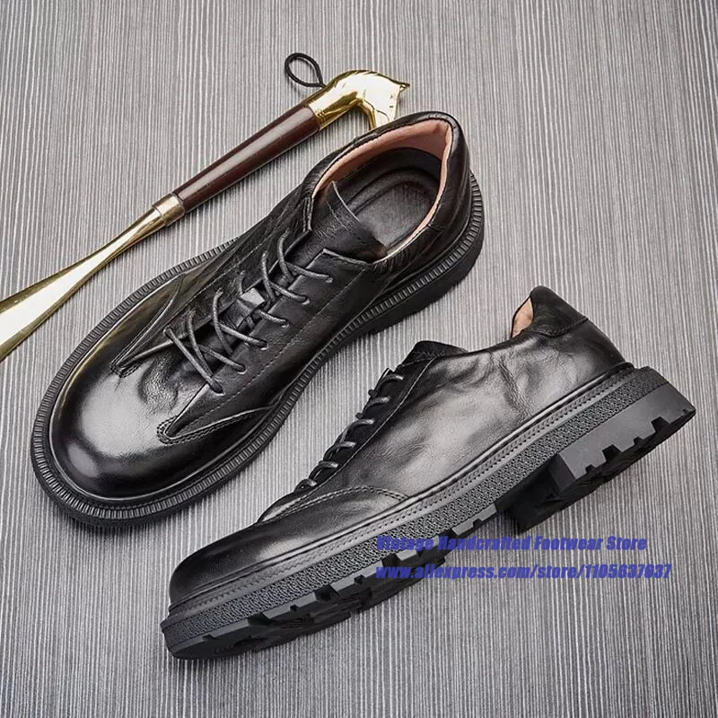 Men's Thick Sole Brown/black Leather Shoes Height Increasing Lace-up Party Dress Shoes ﻿Vintage Handcrafted Men's Shoes