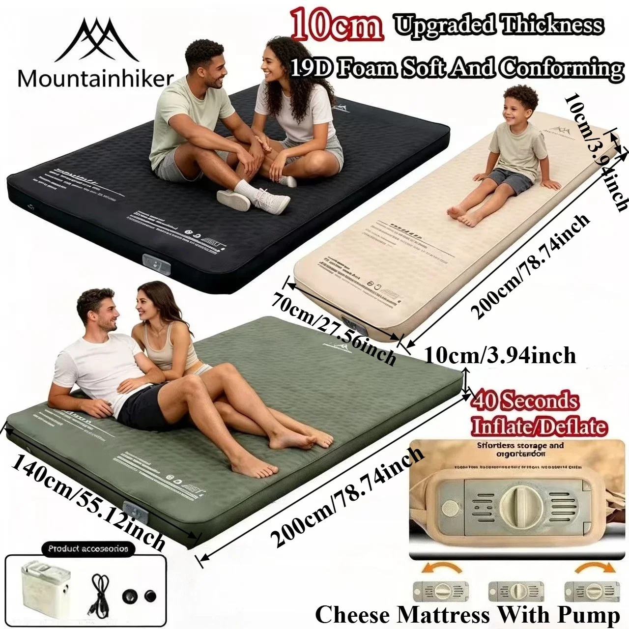Mountainhiker Outdoor Camping Cheese Air Cushion Mattress Automatic Inflatable Bed Portable Outdoor Inflatable Mat with Air Pump