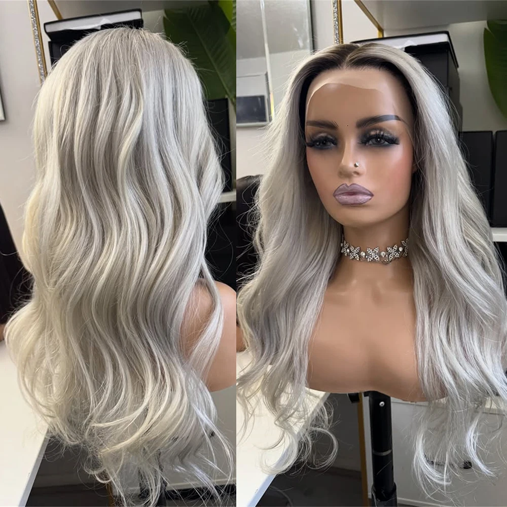 

Silver Grey Cosplay Synthetic Lace Front Wig Long Wavy Hair for Women Heat Resistant Daily Use Realistic Look Wig w Dark Roots